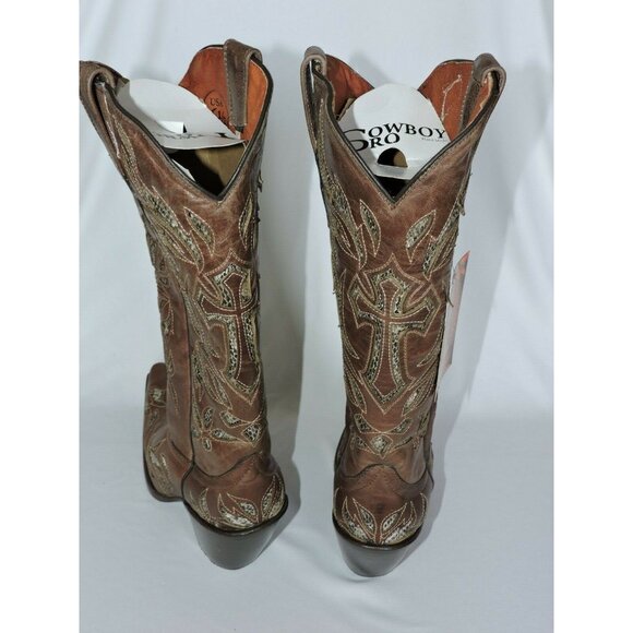 Cowboy Pro Cowgirl Boots Size 6.5 Brown Leather Python Cross Snip Toe Western - Picture 8 of 12